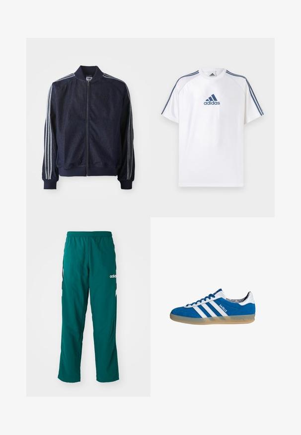 Marineblauwe denimjack met een ritssluiting aan de voorkant, geribbelde manchetten en drie witte strepen langs elke arm. Het heeft een klein logo op de borst.; Wit Adidas T-shirt met blauwe accenten, korte mouwen en een ronde hals. Voorzien van het Adidas-logo in blauw aan de voorkant en drie strepen op de schouders.; Groene sportbroek gemaakt van lichtgewicht stof, met een elastische tailleband, zijzakken en een wit Adidas-logo aan de linkerzijde.; Blauw-witte Adidas Gazelle sneaker met een gumzool en drie witte strepen, gezien vanaf de zijkant op een witte achtergrond.