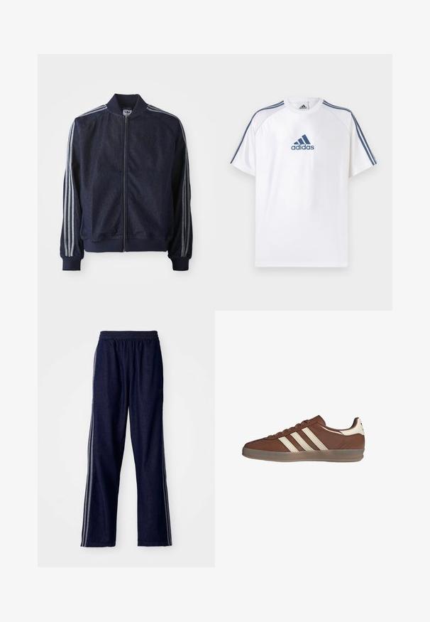 Marineblauwe denimjack met een ritssluiting aan de voorkant, geribbelde manchetten en drie witte strepen langs elke arm. Het heeft een klein logo op de borst.; Wit Adidas T-shirt met blauwe accenten, korte mouwen en een ronde hals. Voorzien van het Adidas-logo in blauw aan de voorkant en drie strepen op de schouders.; Marineblauwe sportbroek met een elastische tailleband, voorzien van drie witte zijstrepen en een recht-aansluitend ontwerp. Zachte denim structuur.; Lage bruine leren sneaker met witte strepen en hielstuk, doorschijnende zool en vetersluiting op een witte achtergrond.