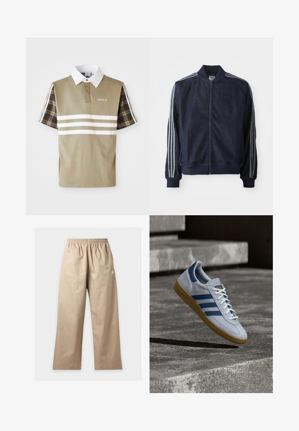 Marineblauwe denimjack met een ritssluiting aan de voorkant, geribbelde manchetten en drie witte strepen langs elke arm. Het heeft een klein logo op de borst.; Polo shirt in olijfgroen met witte strepen en een geruit patroon op de korte mouwen. Heeft een witte kraag en een logo op de borst.; Beige wijde broek met elastische tailleband en klein wit Adidas-logo op de bovenste linker dij, afgebeeld tegen een effen achtergrond.; Lichtblauwe Adidas Spezial sneaker met marineblauwe strepen en rubberen zool, getoond in de lucht boven betonnen trappen in een neutrale buitenomgeving.