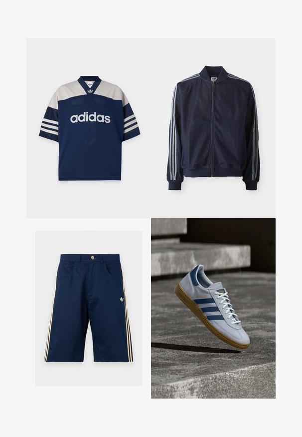 Mørkeblå denimjakke med lynlås foran, ribbede manchetter og tre hvide striber langs hver arm. Har et lille logo på brystet.; Marineblå og lysegrå Adidas sportstrøje med korte ærmer, hvid Adidas-logo centreret foran og tre hvide striber på ærmerne.; Mørkeblå Adidas-shorts med beige tre striber i siderne, forlommer, knaplukning og Adidas trekløver-logo på højre ben.; Lyseblå Adidas Spezial sneakers med marineblå striber og gummisål, vist i luften over betontrapper i et neutralt udendørsmiljø.