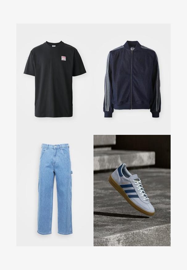 Marineblauwe denimjack met een ritssluiting aan de voorkant, geribbelde manchetten en drie witte strepen langs elke arm. Het heeft een klein logo op de borst.; Zwarte katoenen t-shirt met ronde hals, korte mouwen en een klein gekleurd label op de linkerkant van de borst met het woord "SUPERIOR."; Lichtblauwe denim cargobroek met rechte pijpen, voorzakken en zijcargozakken. De stof heeft een gladde textuur met een licht vervaagde afwerking.; Lichtblauwe Adidas Spezial sneaker met marineblauwe strepen en rubberen zool, getoond in de lucht boven betonnen trappen in een neutrale buitenomgeving.