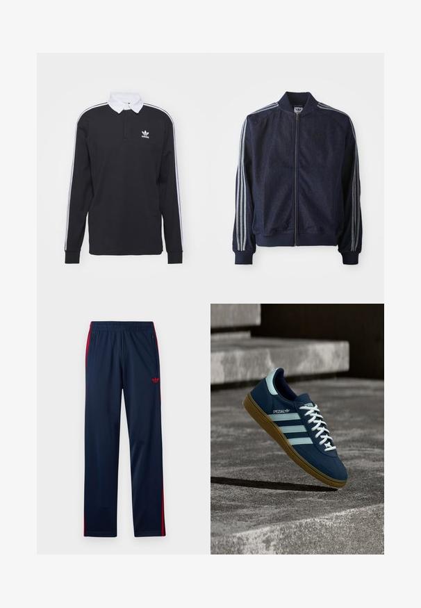 Chaqueta de mezclilla azul marino con cremallera frontal, puños acanalados y tres rayas blancas a lo largo de cada brazo. Presenta un pequeño logo en el pecho.; Camisa de polo negra de manga larga con cuello blanco y tres rayas blancas a lo largo de las mangas; presenta un logo de Adidas bordado en el pecho.; Pantalones deportivos azul marino con rayas rojas en los costados, cintura elástica, bolsillos con cremallera y logo rojo de trébol Adidas en el muslo izquierdo.; Zapatilla azul Adidas Spezial con rayas y cordones blancos, suela de goma, flotando sobre una superficie de hormigón rugosa y escaleras de fondo.