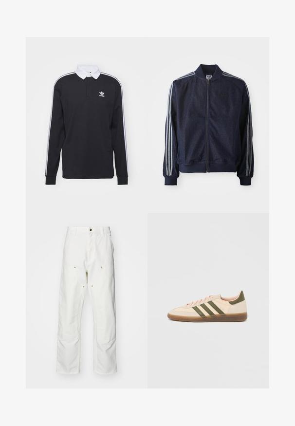 Mørkeblå denimjakke med lynlås foran, ribbede manchetter og tre hvide striber langs hver arm. Har et lille logo på brystet.; Sort langærmet polo skjorte med hvid krave og tre hvide striber langs ærmerne; har et broderet Adidas-logo på brystet.; Hvide bomulds cargo bukser med en afslappet pasform. Funktioner inkluderer for- og baglommer, guldfarvede hardware detaljer og forstærkede knæsektioner.; Beige Adidas Spezial sneaker med lav profil, grønne striber, gummisål og "SPEZIAL"-branding på siden, vist fra ydersiden.