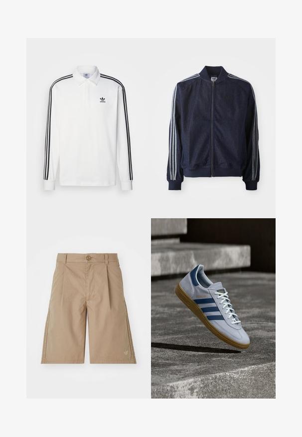 Marineblauwe denimjack met een ritssluiting aan de voorkant, geribbelde manchetten en drie witte strepen langs elke arm. Het heeft een klein logo op de borst.; Witte langlopende polo met klassieke kraag, zwarte drie-strepenaccenten langs de mouwen en een klein zwart logo op de borst.; Beige katoenen shorts met een rechte snit, voorkeursplooien en een enkele knoopsluiting. Beschikt over een subtiele logo aan de linksonderzijde.; Lichtblauwe Adidas Spezial sneaker met marineblauwe strepen en rubberen zool, getoond in de lucht boven betonnen trappen in een neutrale buitenomgeving.