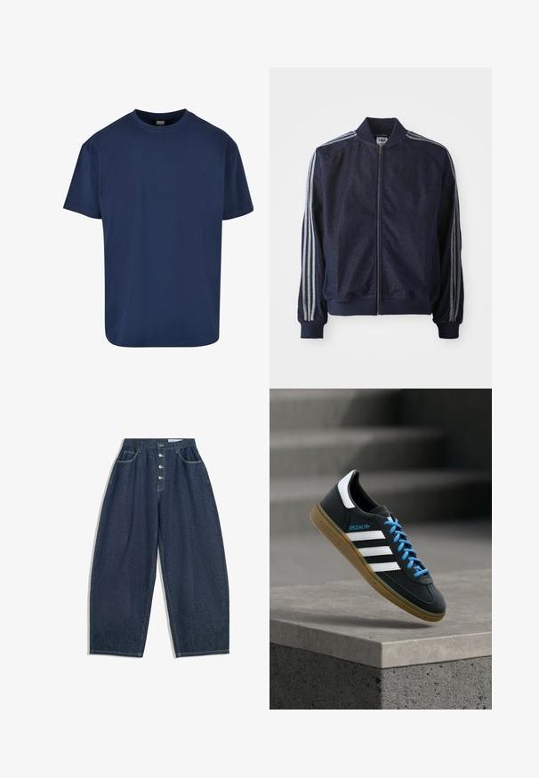 Mørkeblå denimjakke med lynlås foran, ribbede manchetter og tre hvide striber langs hver arm. Har et lille logo på brystet.; Marineblå bomulds T-shirt med rund halsudskæring og korte ærmer. Glat tekstur og afslappet pasform, velegnet til hverdagstøj.; Mørkeblå denim bukser med brede ben og høj talje, fem knaplukninger og fem lommer. Har stikninger som accent på sømmene.; Sort Adidas sneaker med hvide striber, blå snørebånd og gummisål, der svæver over gråt betontrin i blødt lys.