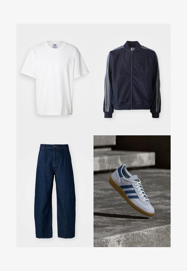 Chaqueta de mezclilla azul marino con cremallera frontal, puños acanalados y tres rayas blancas a lo largo de cada brazo. Presenta un pequeño logo en el pecho.; Camiseta de algodón blanca con cuello redondo y mangas cortas. Presenta un pequeño logotipo bordado en el pecho. Diseño simple y clásico.; Vaqueros de mezclilla oscuros de pierna ancha con cintura alta, que cuentan con cinco bolsillos, cierre frontal con botones y detalles de costura visibles.; Zapatilla Adidas Spezial azul claro con rayas azul marino y suela de goma, mostrada en el aire sobre escalones de hormigón en un entorno exterior neutral.