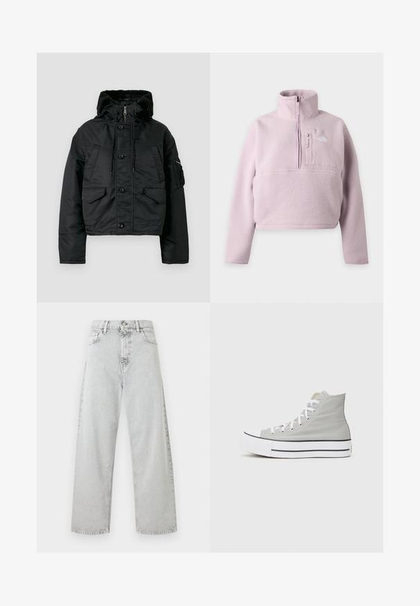 Sort cropped pufferjakke med lynlås og knaplukning, to forlommer, en justerbar hætte og en blød inderside.; Lyse lilla fleece-pullover med lange ærmer, opretstående krave, kvart lynlås og brystlomme med The North Face-logo.; Lys grå denimjeans med højtaljede, lige ben, foran med knap, lynlås og fem-lomme design.; Høj-top sneakers i lys grå canvas, med hvide snørebånd, en hvid gummisål og en sort stribe langs bunden.