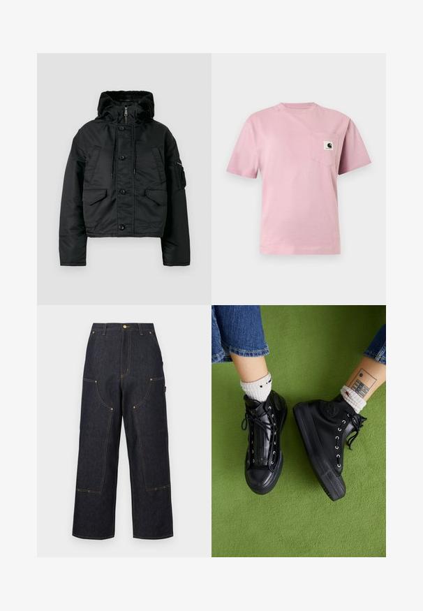 Zwarte cropped pufferjack met een rits- en knoopsluiting, twee voorzakken, een trekkoordkap en een zachte binnenvoering.; Lichtroze T-shirt met korte mouwen en een borstzakje aan de linkerkant met een klein Carhartt-logo.; Donkerblauwe wijde denim broek met meerdere zakken aan de voorkant, contrasterende oranje stiksels en een knoopsluiting in de taille.; Zwarte hoge sneakers van glanzend materiaal met metalen oogjes, platte veters en gestructureerde zolen. Draagt met witte patroon sokken.