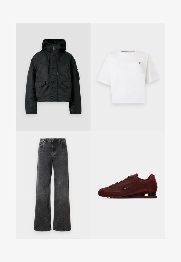 Zwarte cropped pufferjack met een rits- en knoopsluiting, twee voorzakken, een trekkoordkap en een zachte binnenvoering.; Wit cropped T-shirt met korte mouwen, kleine zwarte logo op de linkerborst, ronde halslijn en een ontspannen pasvorm op een effen achtergrond.; Wijde zwarte denims met een vervaagde textuur, vijf zakken en een knoopsluiting. Beschikt over contrasterende stiksels en een klassieke tailleband.; Bordeaux Nike sneaker met zwarte zoolaccenten, veters en swoosh-logo, weergegeven in zijprofiel op een witte achtergrond.