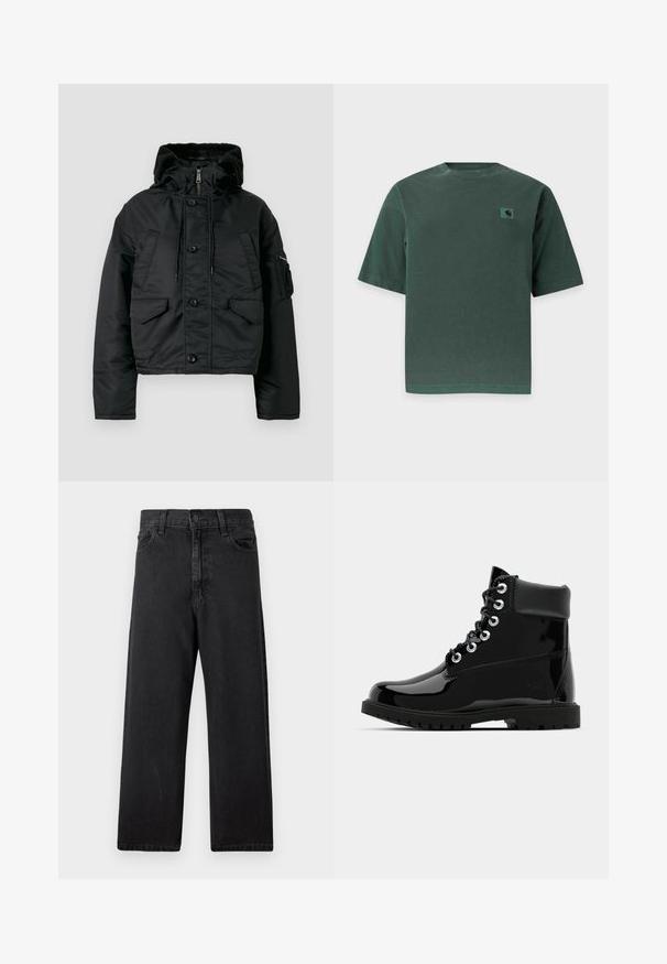 Veste matelassée noire courte avec fermeture éclair et bouton, deux poches avant, capuche avec cordon de serrage et doublure intérieure douce.; T-shirt vert foncé à manches courtes avec col rond et petit logo écusson vert sur la partie supérieure gauche de la poitrine.; Jean en denim noir avec une taille haute, coupe droite, conception à cinq poches et fermeture classique à boutons sur le devant. Tissu doux et texturé.; Bottes noires brillantes à la cheville avec une finition en cuir verni lisse, bout rond, laçage à six œillets et semelle en caoutchouc robuste.