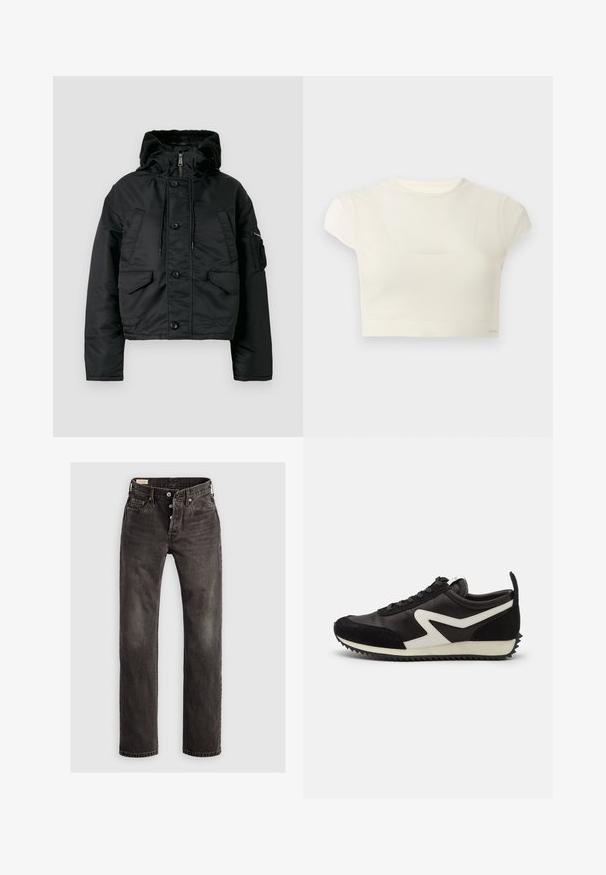 Schwarze, kurz geschnittene Steppjacke mit Reißverschluss und Knopfverschluss, zwei Fronttaschen, Kapuze mit Kordelzug und weicher Innenschicht.; Kurzes, cremefarbenes, bauchfreies Oberteil mit kurzen Ärmeln und abgerundetem Ausschnitt vor schlichtem Hintergrund.; Dunkelgraue gerade Jeans aus Denim, mit Knopfverschluss, Fünf-Taschen-Design und dezenten ausgewaschenen Details auf dem Stoff.; Schwarze Leder- und Wildledersneaker mit weißen Zickzack-Akzenten, runder Zehenpartie, Schnürdesign und strukturiertem Gummisohle.