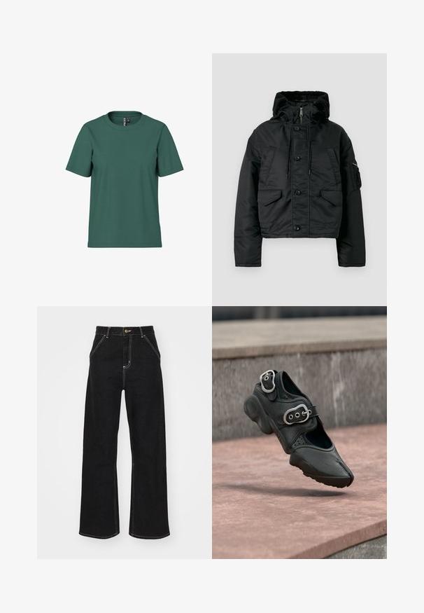 Veste matelassée noire courte avec fermeture éclair et bouton, deux poches avant, capuche avec cordon de serrage et doublure intérieure douce.; T-shirt à manches courtes en coton vert foncé avec un col ras du cou. Design simple et dépouillé avec une coupe décontractée. Texture douce, sans motifs.; Jean noir à jambes larges en denim. Caractérisé par des coutures blanches contrastantes, des poches avant et une fermeture boutonnée à la taille.; Chaussure noire à bout fendu avec deux boucles argentées, semelle épaisse et détails perforés, flottant au-dessus d'une surface en pierre.