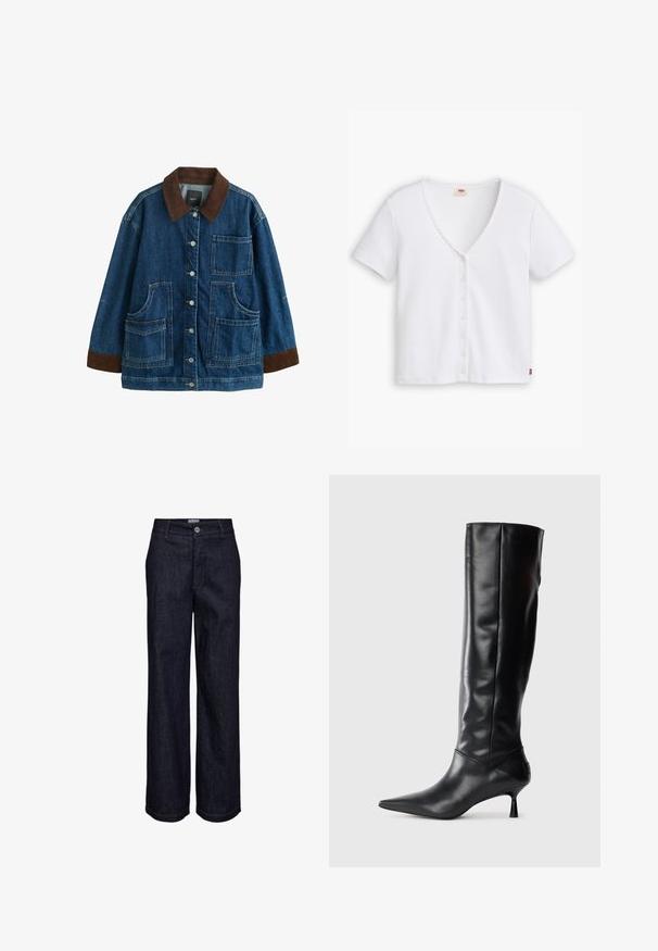 Jeansjacke mit braunem Cordkragen und -manschetten, vordere Knopfleiste und vier aufgesetzten Taschen auf weißem Hintergrund.; Weißes kurzärmeliges Oberteil mit Rippstruktur und tiefem V-Ausschnitt, featuring eine Reihe von sechs Knöpfen entlang der Vorderseite und einem kleinen roten Logo am Saum.; Dunkelblaue Denim-Jeans mit geradem Bein, Knopf- und Reißverschluss, Gürtelschlaufen und sichtbaren Nahtdetails.; Schwarze Lederstiefel bis zum Knie mit spitzem Zehenbereich und schmalem, geschwungenem Absatz. Glatte Textur, enganliegendes Design und keine sichtbaren Beschläge oder Muster.