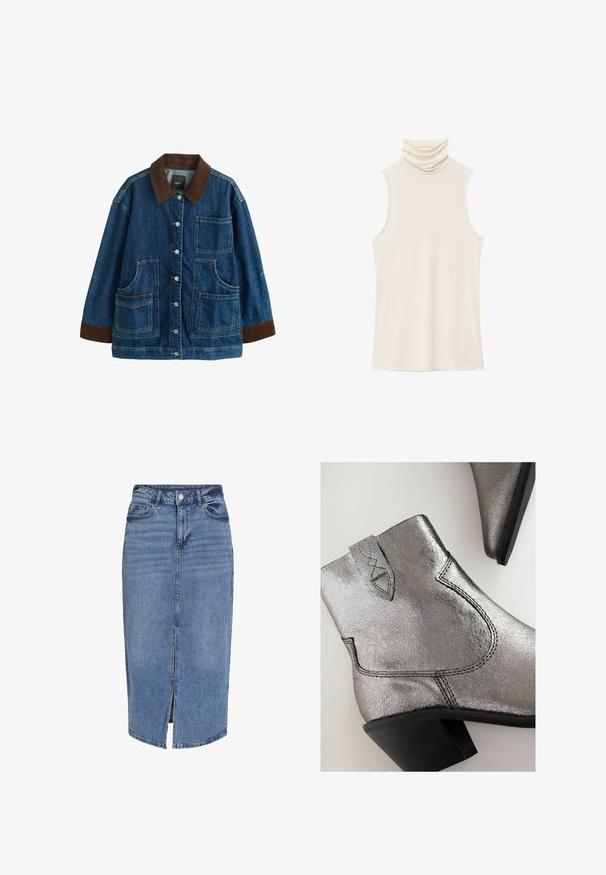 Jeansjacke mit braunem Cordkragen und -manschetten, vordere Knopfleiste und vier aufgesetzten Taschen auf weißem Hintergrund.; Cremefarbener ärmelloser Top mit hochgezogenem, drapiertem Wasserfallausschnitt. Hergestellt aus weichem, glattem Stoff mit leicht dehnbarem Material und ohne Verzierungen.; Denim-Midikleid in Hellblau mit einem Schlitz vorne, fünf Taschen, Gürtelschlaufen und einem Knopfverschluss an der Taille. Klassische Passform und Textur.; Metallisch silberne Stiefeletten mit strukturierter Oberfläche, schwarzen Nähten und einem niedrigen Blockabsatz. Mit einem geschwungenen Nahtdesign und Logoschriftzug.