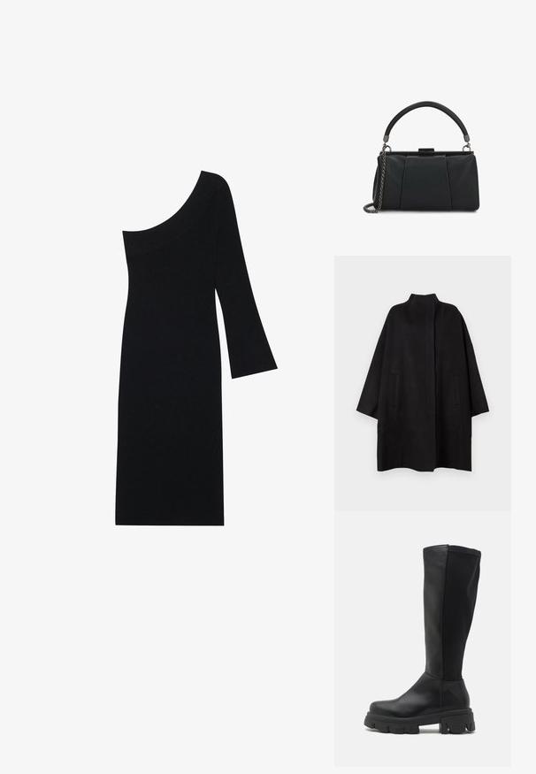 Manteau noir surdimensionné avec un col montant, doté de deux poches avant et d'une texture lisse. Design simple avec une silhouette droite.; Robe en tricot côtelé noire avec un décolleté asymétrique et une manche cloche, présentant une silhouette ajustée et longueur genou.; RAID WILMA - Bottes à plateau - black; Petit sac à main en cuir noir avec une poignée supérieure et une bandoulière chaîne métallique amovible sur fond blanc.