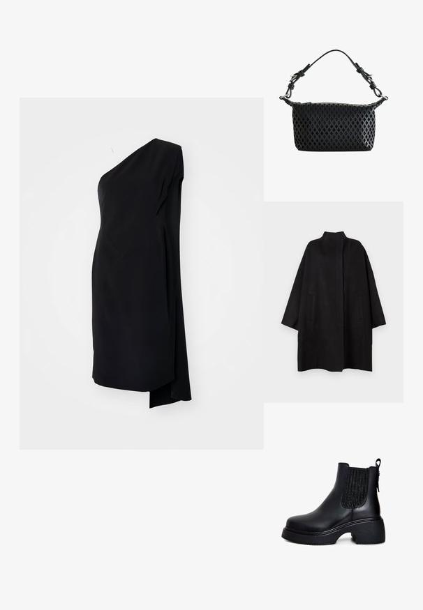 Sort, oversized frakke med høj krave, der har to frontlommer og en glat tekstur. Simpelt design med en lige skåret silhuet.; Sort asymmetrisk kjole med én skulder, lavet af glat stof, med en draperet design og en sideslids for ekstra detaljer.; Sorte læder ankelstøvler med elastiske sidepaneler, rund tå, chunky tekstureret hæl og strop bagpå for nem påtagning.; Sort håndtaske med diamantformet udskæringsmønster, kort justerbar strop og sølvspændedetaljer mod en hvid baggrund.
