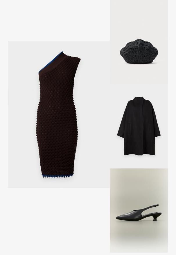 Sort, oversized frakke med høj krave, der har to frontlommer og en glat tekstur. Simpelt design med en lige skåret silhuet.; Brun strikket kjole med tekstureret overflade og design med én skulder. Har en blå ribbet halsudskæring og bølget detaljering i kanten.; Sort læder slingback-sko med spids tå og lav kittenhæl på neutral baggrund.; Sort flet håndtaske formet som en muslingeskal med en buet top og flettet tekstur på en ensfarvet baggrund.