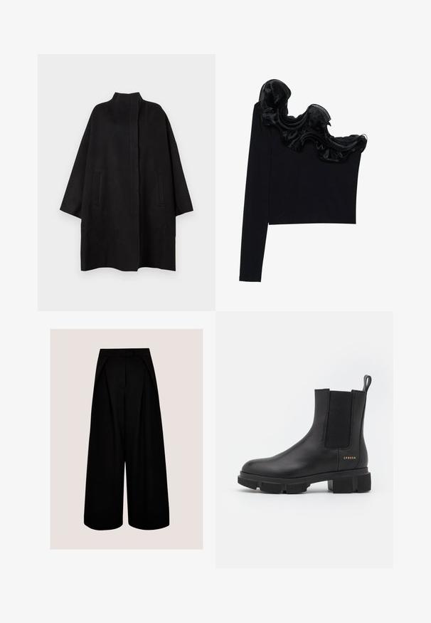 Manteau noir surdimensionné avec un col montant, doté de deux poches avant et d'une texture lisse. Design simple avec une silhouette droite.; Top noir à une épaule avec un overlay transparent froncé le long de l'encolure, fabriqué à partir d'un tissu léger à la texture lisse.; Pantalon noir à jambes larges et taille haute, avec plis et fermeture avant cachée, sur un fond clair uni.; Bottines en cuir noir avec des panneaux élastiques sur les côtés et une semelle épaisse à crampons. Présentent une languette et un logo doré. Fini mat.