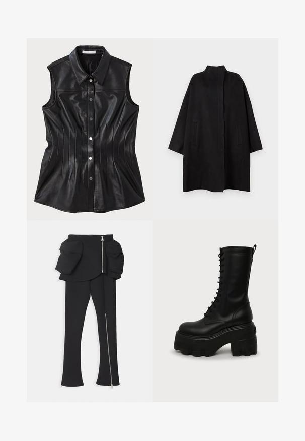 Manteau noir surdimensionné avec un col montant, doté de deux poches avant et d'une texture lisse. Design simple avec une silhouette droite.; Chemise sans manches en cuir noir avec un col pointu, des détails de couture verticaux et des fermetures à boutons-pression sur le devant.; A.W.A.K.E. MODE BASQUE PANTS WITH ZIPS AND LARGE POCKETS - Pantalon classique - black; Botte haute en cuir noir à plateforme avec semelle épaisse crantée et hauteur mi-mollet, vue de profil droit sur fond uni.