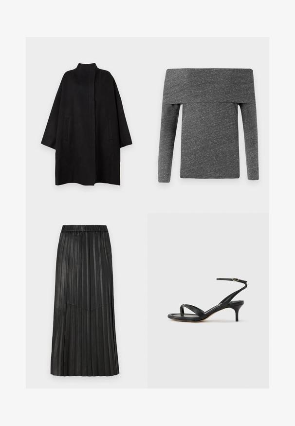 Schwarzer, oversized Mantel mit hohem Kragen, ausgestattet mit zwei Vorderfächern und einer glatten Textur. Schlichtes Design mit geradem Schnitt.; CLOSED ASYMMETRIC LONG SLEEVE - Langarmshirt - dark grey; Schwarzer, plissierter Rock aus synthetischem Material mit elastischem Bund und vertikalen Falten, der auf der Vorderseite eine V-förmige Nahtdetails aufweist.; Schwarze Ledersandale für Damen mit dünnen Riemchen, einer Zehenlasche, einer Knöchelschnalle und einem mittelhohen Stöckelabsatz vor neutralem Hintergrund.