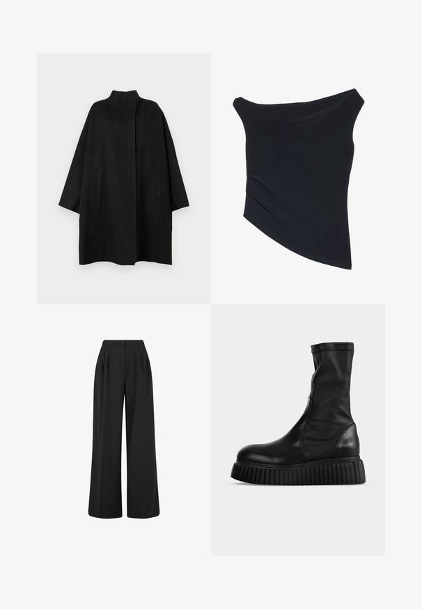 Manteau noir surdimensionné avec un col montant, doté de deux poches avant et d'une texture lisse. Design simple avec une silhouette droite.; Haut noir, décolleté asymétrique, avec une coupe ajustée, un ourlet asymétrique et une texture douce et lisse. Il met en valeur un tissu froncé au niveau du col.; Pantalon noir taille haute à jambes larges avec des plis à l'avant, une fermeture par bouton à la taille et une finition en tissu lisse.; Botte en cuir noire mi-mollet avec une tige lisse et une semelle plateforme épaisse et striée, vue de profil sur un fond clair uni.
