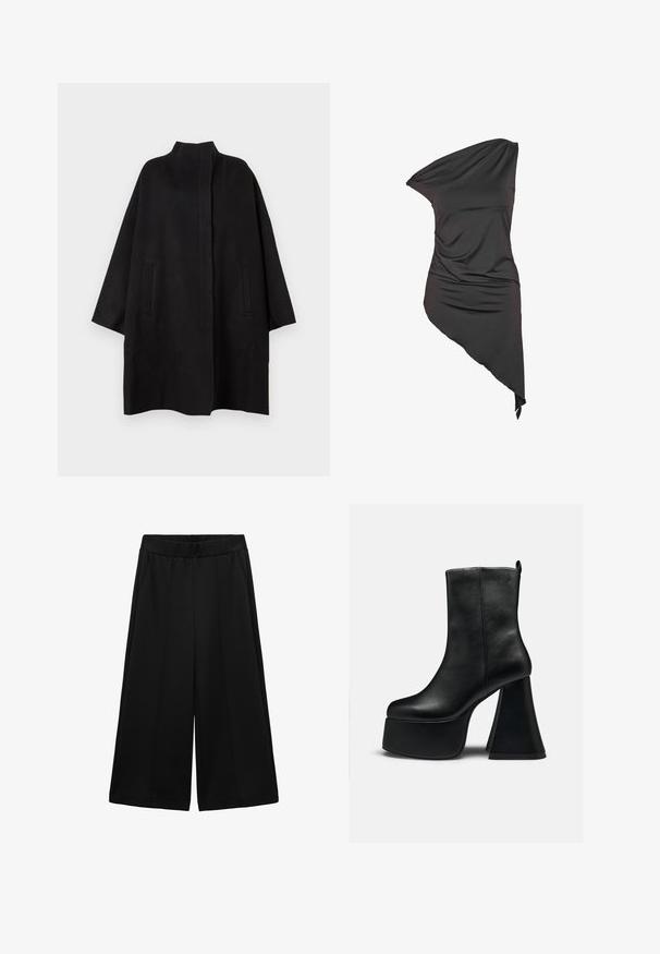 Zwarte, oversized jas met een hoge kraag, voorzien van twee voorzakken en een gladde textuur. Eenvoudig ontwerp met een recht gesneden silhouet.; Zwarte asymmetrische one-shoulder jurk met geplooide stof en een ongelijke zoom, aan één kant langer.; Zwarte wijde broek gemaakt van gestructureerde stof, met zijzakken en een gladde tailleband, ontworpen voor een ruime pasvorm.; Zwarte leren enkellaars met dikke plateauzool en brede uitlopende hoge hak, gladde textuur en klein logo nabij de bovenrand.