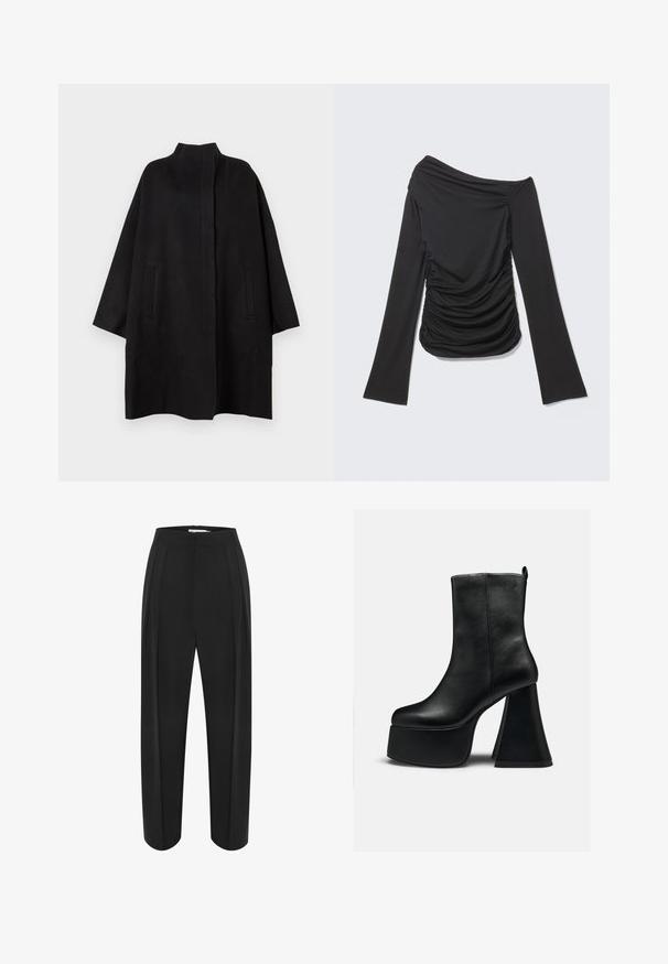 Zwarte, oversized jas met een hoge kraag, voorzien van twee voorzakken en een gladde textuur. Eenvoudig ontwerp met een recht gesneden silhouet.; Zwarte top met lange mouwen, asymmetrische off-shoulder halslijn en geplooide details aan de zijkanten en voorkant.; Zwarte wijde broek met hoge taille, met een soepele textuur en twee plooien aan de voorkant. Ontworpen met een strakke, op maat gemaakte uitstraling.; Zwarte leren enkellaars met dikke plateauzool en brede uitlopende hoge hak, gladde textuur en klein logo nabij de bovenrand.