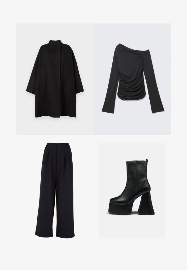 Sort, oversized frakke med høj krave, der har to frontlommer og en glat tekstur. Simpelt design med en lige skåret silhuet.; Sort langærmet top med asymmetrisk off-shoulder halsudskæring og rynkede detaljer på siderne og foran.; Bredde bukser i sort stof med frontpliser, knaplukning og en glat overflade. Skræddersyet design med høj talje.; Sort læderankelstøvle med tyk platformsål og bred, udvidet høj hæl, glat tekstur og lille logo nær den øverste kant.