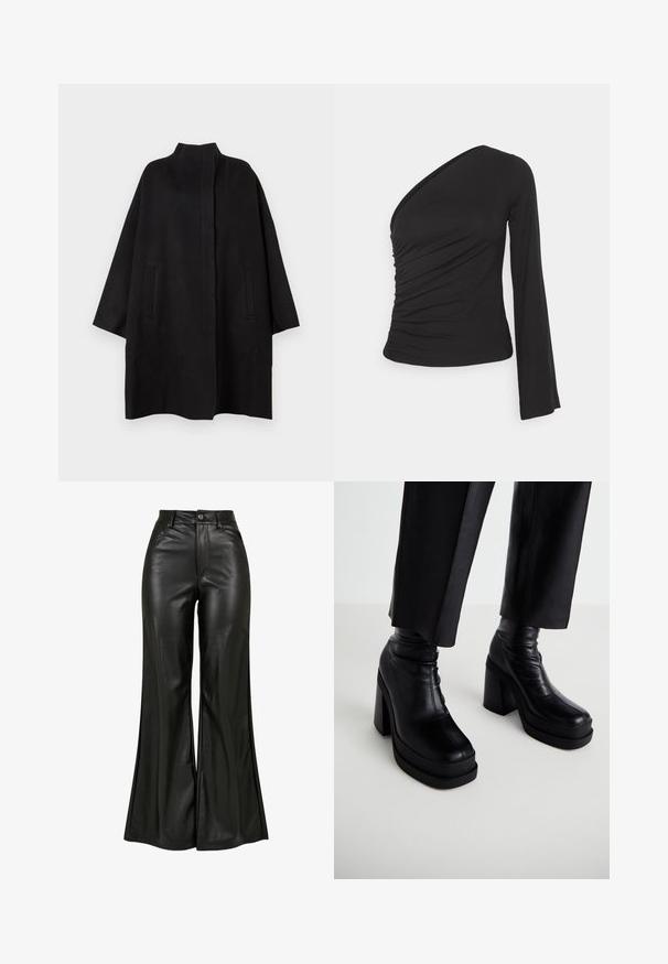 Zwarte, oversized jas met een hoge kraag, voorzien van twee voorzakken en een gladde textuur. Eenvoudig ontwerp met een recht gesneden silhouet.; Asymmetrisch langslievend top in zwart, met een geraapte zijkant voor textuur en een aansluitende silhouette. Gemaakt van zachte, rekbare stof.; Zwarte leren flared broeken met een gladde textuur, voorzien van een hoge taille, knoopsluiting en voorzakken. Wijde pijpen en een gepolijste afwerking.; Zwarte leren platform enkellaarsjes met een hoge blokhak en een gladde textuur. Voorzien van stikdetails en een aansluitend bovenstuk.