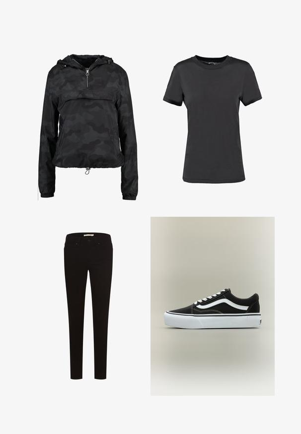 Sort camouflages anorakjakke lavet af letvægtsmateriale, med halv-lynlås foran, justerbar hætte og elastiske manchetter.; Sort kortærmet t-shirt lavet af glat stof. Har en rund halsudskæring uden synlige mønstre eller detaljer, hvilket giver et enkelt design.; Sorte skinny jeans lavet af strækstof, med et klassisk fem-lomme design, knaplukning og bælteløkker. Glat tekstur hele vejen igennem.; Lavtop sort sneaker med hvid side stribe, hvide snørebånd, hvid gummisål og tekstureret tåhætte på neutral baggrund.