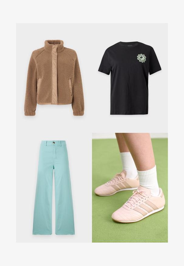 Brun fleecejakke med høj krave, lynlås foran og sidelommer. Har struktureret stof og kontrasterende glatte paneler.; Sort T-shirt med korte ærmer med et lille lysegrønt yin-yang symbol omgivet af et hvirvelmønster på øverste venstre bryst.; Bredde bukser lavet af lyseblå stof med en frynset kant. Har en knaplukning og standard lommer. Glat tekstur hele vejen igennem.; Lyselyserøde træningssko med diagonal syning, hvide såler og tre sidelægstriber. Båret med ribbede hvide sokker på en grøn overflade.