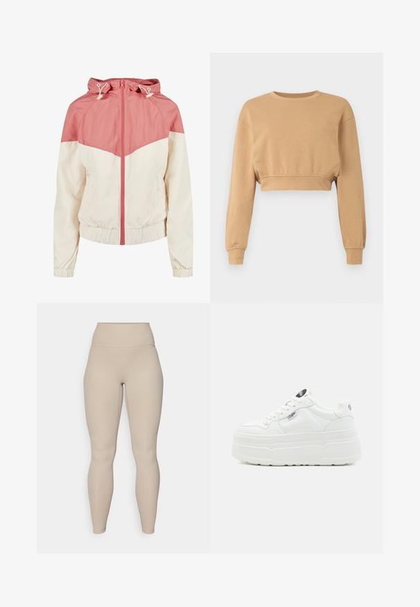 Värgbroken jacka med en rosa övre del och en krämfärgad nedre del, med huva, framdragkedja samt elastiska ärmslut och fåll.; Lyhennetty svetari vaaleanruskeana, valmistettu pehmeästä kankaasta. Varustettu pitkillä hihoilla, pyöreällä pääntieellä ja hienovaraisella elastisella hihansuissa ja helmassa.; Beige korkeavyötäröiset leggingsit, joissa on nauhatekstuuri, sileä vyötärö ja istuvat lahkeet, suunniteltu mukavuutta ja joustavuutta varten.; Valkoiset alustasneakerit, joissa on sileä synteettinen päällinen, pyöreä kärki, pehmustettu kaulus ja teksturoitu pohja. Varustettu kontrastivärisellä logo-tarralla.