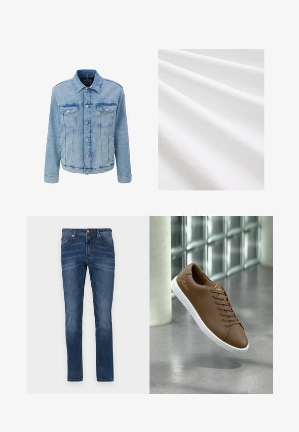 Hellblaues Denim-Jacket mit klassischem Design, ausgestattet mit zwei Brusttaschen, silbernen Knöpfen und sichtbaren Nähdetails.; Baumwollstoff, weiße Farbe, glatte Textur mit subtilen Falten und Knicken. Gleichmäßige Oberfläche, leicht reflektierend, ohne Muster oder Akzente.; Dunkelblaue Jeans aus Denim mit geradem Bein, fünf Taschen, dezente Verwaschungen, kontrastierende Nähte und einem Knopfverschluss an der Taille.; Brauner Ledersneaker mit weißer, strukturierter Sohle und braunen Schnürsenkeln, schwebt über glattem Betonsboden nahe einer Wand aus Glasbausteinen.