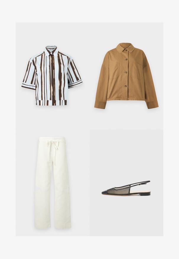 Veste marron clair boutonnée, manches longues, deux poches poitrine, avec un col classique, confectionnée dans un tissu doux et texturé.; Chemise à manches courtes avec boutons, rayures verticales marron et blanches, col et coupe décontractée sur fond uni.; Pantalon droit en velours côtelé blanc cassé avec taille à cordon de serrage et petites découpes en filet aux genoux, présenté sur un fond uni.; Chaussure à talon ouvert noir et or avec un bout pointu, un design en maille et une semelle plate. Équipée d'une fine sangle au niveau de la cheville avec un accent de boucle circulaire.
