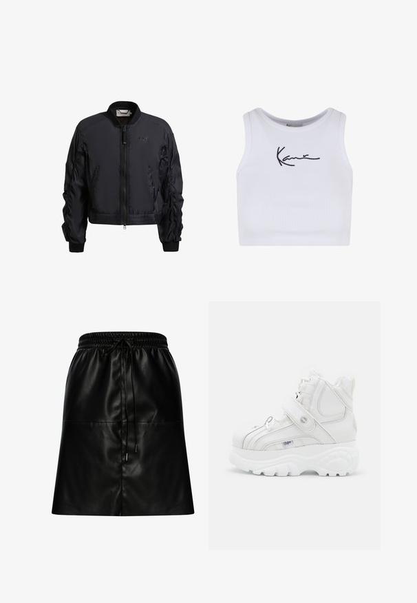 Chaqueta bomber negra con cremallera frontal, mangas fruncidas, puños y dobladillo elásticos, pequeño logo en el pecho y cuello alto.; Top corto blanco de punto acanalado con escote redondo y logo negro bordado en el frente. Corte ajustado al cuerpo para un talle ceñido.; Falda de cuero negra con cintura elástica fruncida y cordón. Presenta una textura suave y un diseño simple y sin adornos.; Zapatillas altas blancas de cuero, con correa de hebilla, puntera redonda, suela gruesa y detalles de costura vertical.
