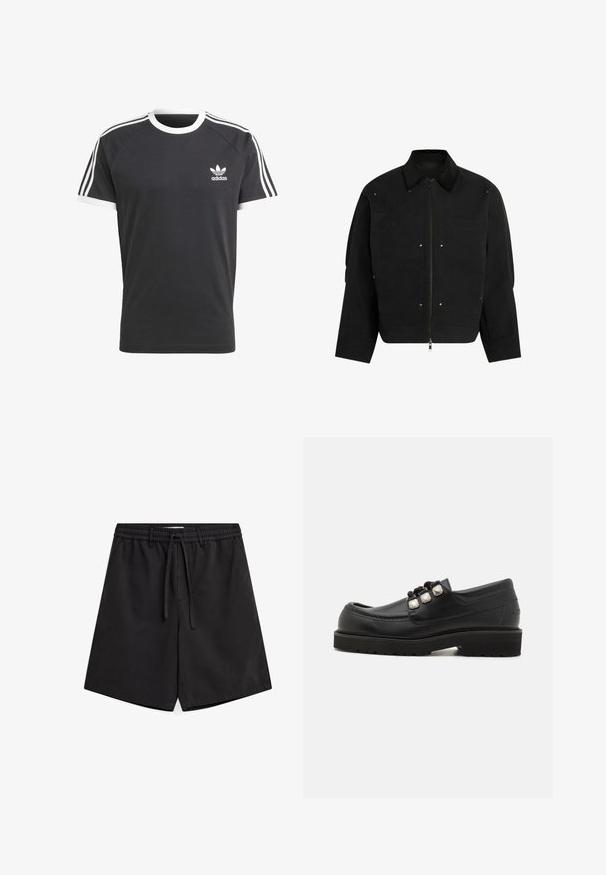 Chaqueta negra con cremallera y cuello, mangas largas y logo sutil en relieve en el pecho izquierdo, con pequeñas tachuelas metálicas en la parte delantera.; Camiseta negra con cuello y ribetes de las mangas en blanco, que presenta tres franjas horizontales blancas en cada hombro y un pequeño logo de Adidas en blanco.; Pantalones cortos negros hasta la rodilla con cintura elástica, cordón, trabillas y bolsillos laterales, mostrados sobre fondo blanco.; Mocasines de cuero negro con punta redonda, que presentan tres acentos metálicos y una suela texturizada para mayor agarre. Parte superior lisa y detalle de costura.