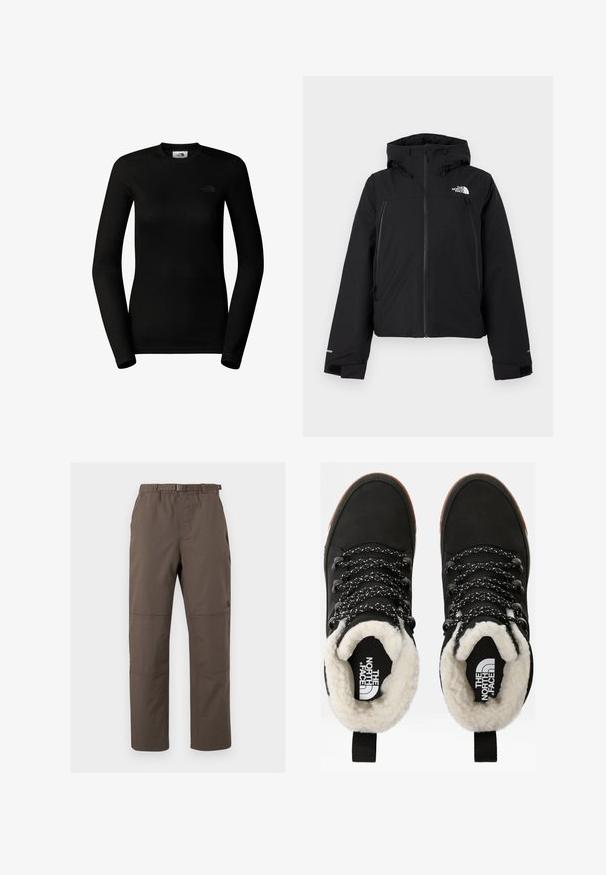 Sort isoleret jakke med hætte, der har lynlås foran og to sidelommer. Inkluderer et logo på venstre bryst og elastiske manchetter.; The North Face W EASY L/S CREW NECK - Langærmet T-shirt - tnf black; Brune udendørs bukser med elastisk talje og justerbart bælte. Har panelsting og et lige ben-design. Holdbart stof.; Sorte vandtætte ankelstøvler med for af faux pels, tekstureret stof, snørebånd med hvidt og sort mønster samt en løkker ved hælen.