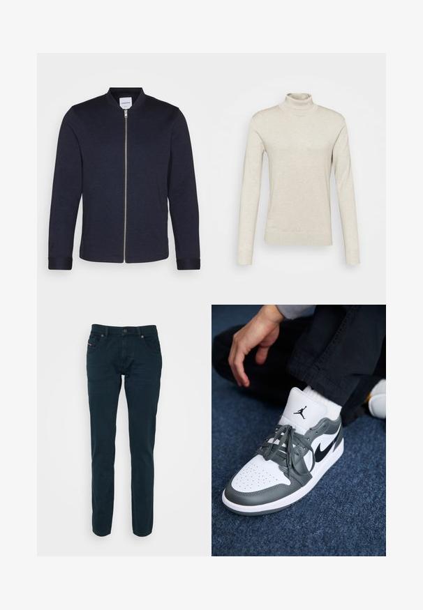 Mørkeblå bomberjakke med frontlynlås, rund halsudskæring og manchetter. Lavet af et glat stof med et minimalistisk design.; Lys beige turtleneck sweater lavet af blødt stof, med lange ærmer og en tætsiddende pasform med ribkantede detaljer ved kraven og manchetterne.; Mørkeblå jeans lavet af bomuld, med lukning foran med knap, to sidelommer og et slim fit design med subtile syninger.; Nike Air Jordan 1 sneakers i hvidt og grå læder, med et sort logo, perforeret tå og flade grå snørebånd.