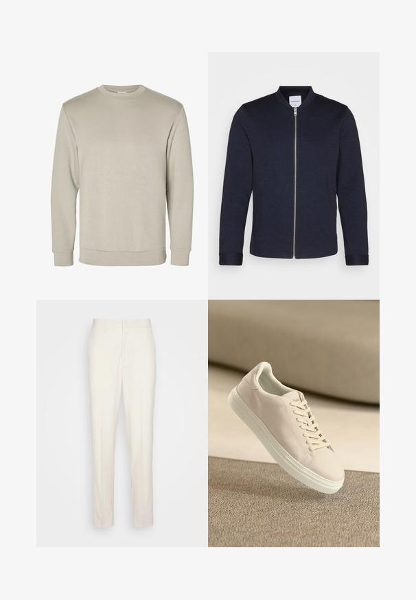 Mørkeblå bomberjakke med frontlynlås, rund halsudskæring og manchetter. Lavet af et glat stof med et minimalistisk design.; Beige langærmet sweatshirt med rund halsudskæring, ribkant ved ærmer og bund, vist på hvid baggrund.; Cremefarvede skræddersyede bukser med lige snit, lavet af tekstureret stof. Har bæltestikler og en lynlåslukning foran.; Beige ruskinds sneakers med hvid sål og snørebånd, vist svævende over tekstureret beige tæppe mod en blød beige baggrund.