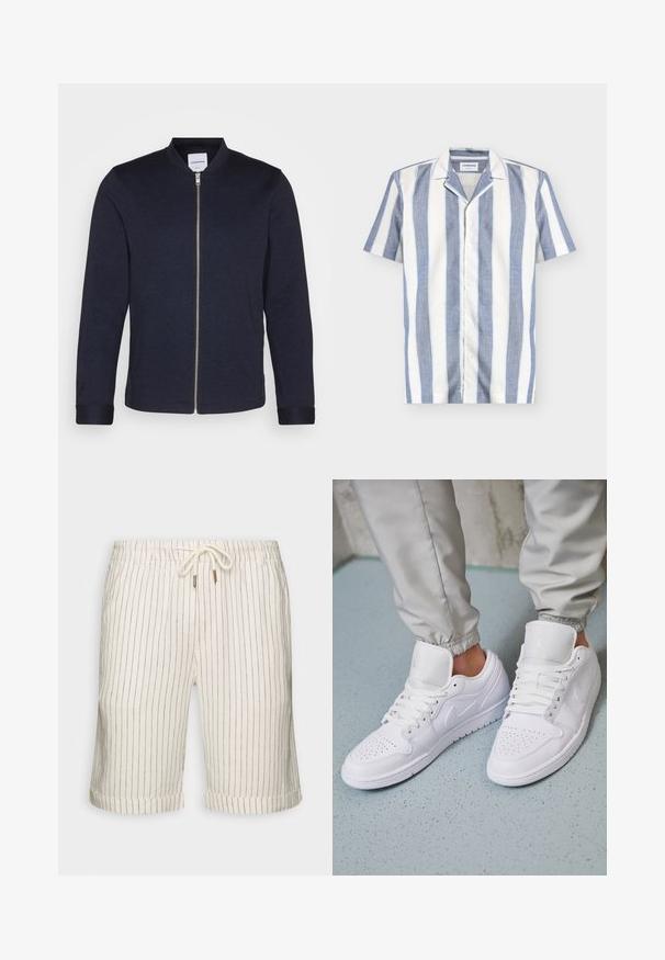 Σκούρο ναυτικό bomber jacket με φερμουάρ μπροστά, στρογγυλή λαιμόκοψη και μανίκια με κουμπιά. Φτιαγμένο από ένα λείο ύφασμα με μινιμαλιστικό σχέδιο.; Πουκάμισο με κουμπιά και κοντά μανίκια με κάθετες μπλε και άσπρες ρίγες και γιακά τύπου camp, τοποθετημένο επίπεδα σε λευκό φόντο.; Σορτς από λινό με ανάμιξη σε ανοιχτό μπεζ χρώμα με διακριτές κατακόρυφες καφέ ρίγες. Διαθέτει ελαστική μέση με κορδόνι και διπλωμένα τελειώματα.; Λευκά δερμάτινα αθλητικά παπούτσια με περφοραρισμένο μπροστινό μέρος, επίπεδα κορδόνια, μαλακή επένδυση στον αστράγαλο και το λογότυπο Jordan στην γλώσσα. Φοριούνται με γκρι φόρμες.