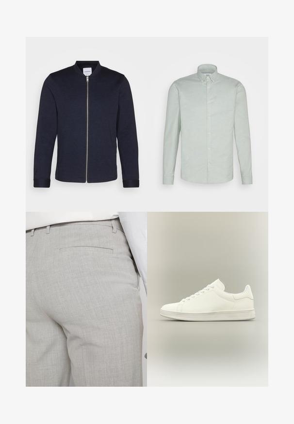 Chaqueta bomber de un oscuro color azul marino con cremallera frontal, cuello redondo y mangas con puños. Hecha de una tela suave con un diseño minimalista.; Camisa de manga larga verde claro de mezcla de algodón, con cuello abotonado, placket frontal con botones y dobladillo redondeado.; Pantalones grises claros a medida hechos de tela texturizada, con un solo bolsillo trasero y costuras limpias.; Zapatilla blanca minimalista de corte bajo con cordones, parte superior de cuero liso y suela de goma texturizada, presentada sobre un fondo neutro.