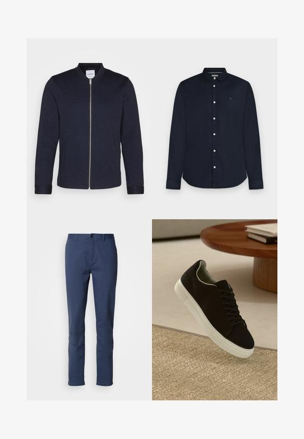 Veste bomber bleu marine foncé avec une fermeture éclair sur le devant, un col rond et des manches resserrées. Fabriquée dans un tissu lisse avec un design minimaliste.; Chemise homme bleu marine à manches longues avec col et boutons blancs, présentée sur fond gris clair.; Pantalons en coton bleu marine avec une coupe ajustée, fermeture à bouton et lignes épurées ; texture lisse avec poches latérales et sans motifs visibles.; Baskets noires avec semelle blanche flottant au-dessus d'un tapis texturé beige, près d'une table en bois ronde avec des livres empilés.