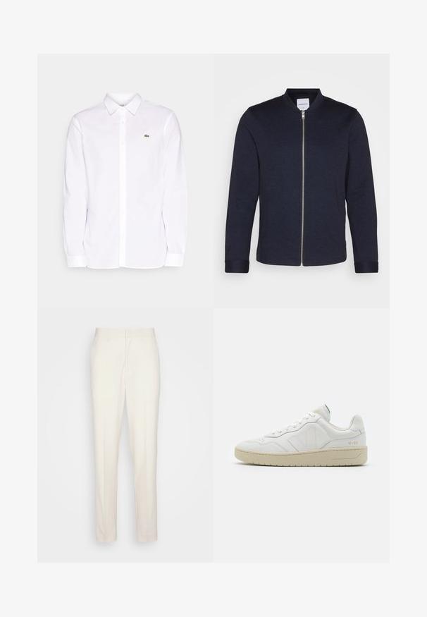 Σκούρο ναυτικό bomber jacket με φερμουάρ μπροστά, στρογγυλή λαιμόκοψη και μανίκια με κουμπιά. Φτιαγμένο από ένα λείο ύφασμα με μινιμαλιστικό σχέδιο.; Λευκό πουκάμισο με μακριά μανίκια, φτιαγμένο από βαμβάκι, με κολάρο που κλείνει με κουμπιά, πράσινο κεντημένο λογότυπο στην αριστερή πλευρά του στήθους και ίσιες μανσέτες.; Κρεμ παντελόνι σύμφωνα με την κατάλληλη εφαρμογή, με ευθεία γραμμή, κατασκευασμένο από υφή υφάσματος. Περιλαμβάνει θηλιές για ζώνη και κλείσιμο με φερμουάρ μπροστά.; Λευκά δερμάτινα sneakers με υφή και επενδεδυμένο κολάρο. Διαθέτουν μπεζ καουτσούκ σόλα και διακριτική σήμανση στη φτέρνα και στο πλάι.