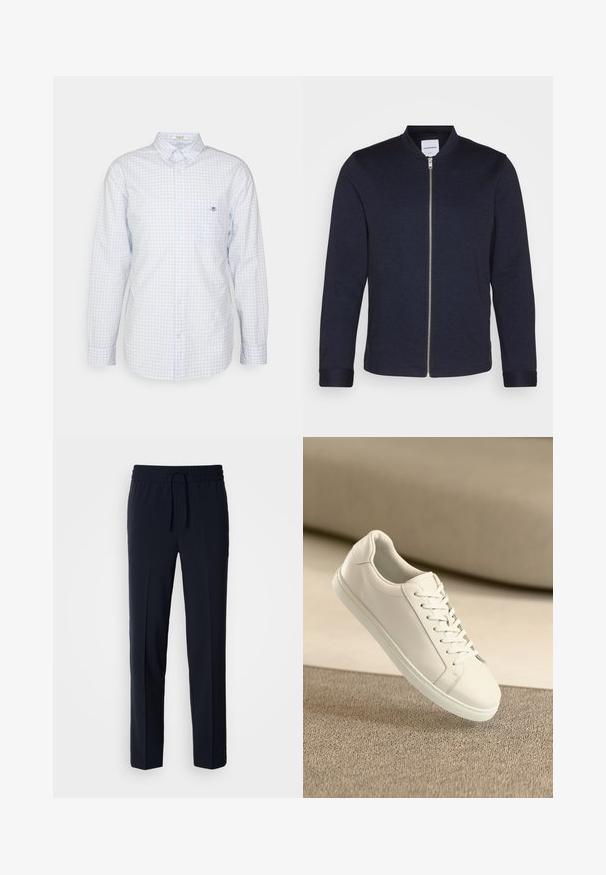 Mørkeblå bomberjakke med frontlynlås, rund halsudskæring og manchetter. Lavet af et glat stof med et minimalistisk design.; Lyseblå gingham skjorte med knapper, lange ærmer, krave og lille logo på brystet. Fremstillet af bomuld og med en glat tekstur.; Marineblå, letvægtsbukser med elastisk talje og justerbar snor, med lige pasform og glat tekstur.; Hvide lædersneakers med hvide snørebånd, præsenteret på en beige tekstureret overflade og med en blødt uskarp baggrund.