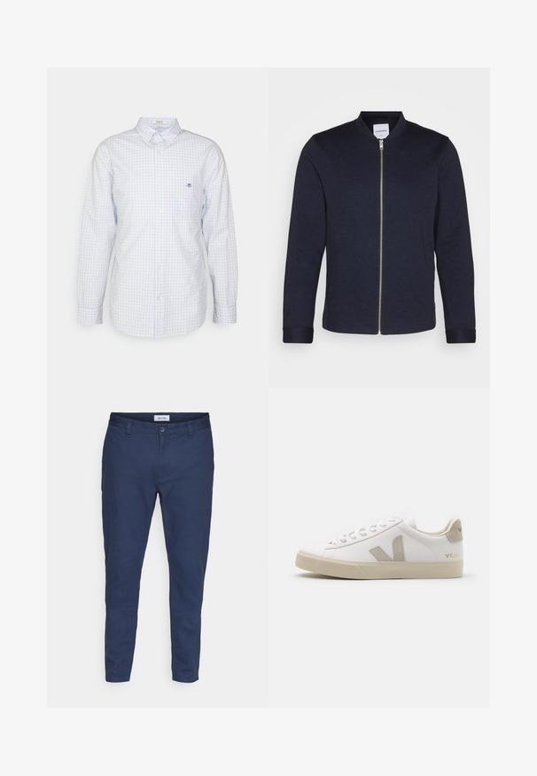 Mørkeblå bomberjakke med frontlynlås, rund halsudskæring og manchetter. Lavet af et glat stof med et minimalistisk design.; Lyseblå gingham skjorte med knapper, lange ærmer, krave og lille logo på brystet. Fremstillet af bomuld og med en glat tekstur.; Marineblå chinos med en slim fit-design, lavet af bomuld. Har en knap- og lynlås lukning, bæltestropper og frontlommer.; Hvide lædersneakers med beige detaljer, flad gummisål, rund tå og kontrasterende logo på siden og bagsiden. Snørebåndsdesign.