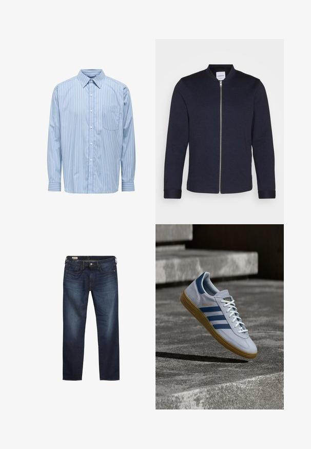Veste bomber bleu marine foncé avec une fermeture éclair sur le devant, un col rond et des manches resserrées. Fabriquée dans un tissu lisse avec un design minimaliste.; Chemise à manches longues bleu clair avec des rayures verticales blanches, col boutonné, poche poitrine unique et détails aux poignets. Texture de tissu lisse.; Jean en denim bleu foncé avec coupe droite, design à cinq poches et surpiqûres contrastées. Comprend une ceinture unie et une fermeture par bouton en métal.; Baskets Adidas Spezial bleu clair avec des rayures bleu marine et une semelle en gomme, montrées en l'air au-dessus d'escaliers en béton dans un environnement extérieur neutre.