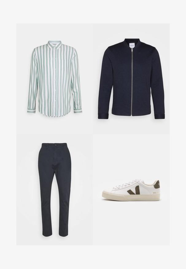 Veste bomber bleu marine foncé avec une fermeture éclair sur le devant, un col rond et des manches resserrées. Fabriquée dans un tissu lisse avec un design minimaliste.; Chemise en coton à manches longues avec des rayures verticales vert menthe et blanches, fermeture à boutons, col, poche poitrine simple et ourlet incurvé.; Pantalons fuselés bleu marine en coton léger ; dotés d'une fermeture à bouton et d'un design standard à cinq poches.; Baskets en cuir blanc avec une semelle en caoutchouc beige clair. Présentent un logo en V en daim marron et une languette de talon. Fermeture à lacets avec une surface texturée.