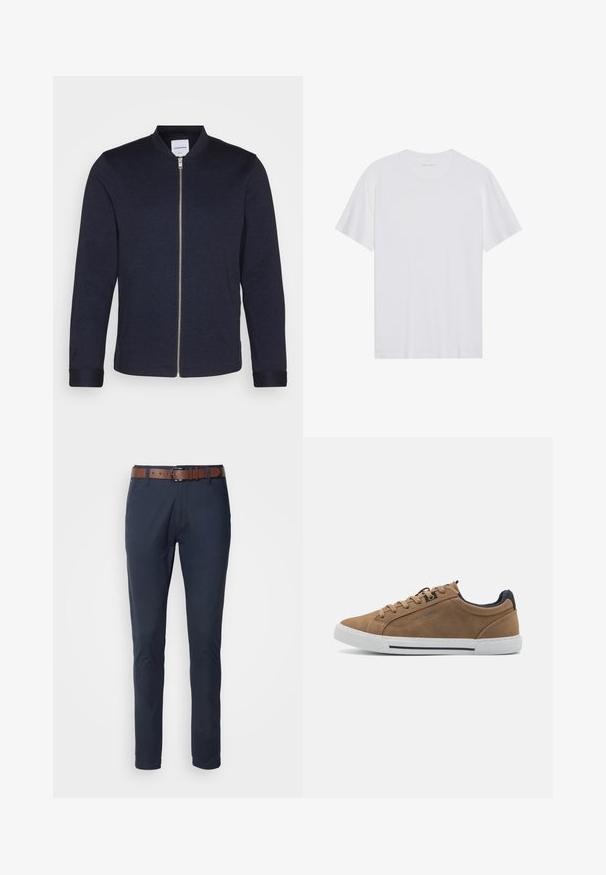 Mørkeblå bomberjakke med frontlynlås, rund halsudskæring og manchetter. Lavet af et glat stof med et minimalistisk design.; Hvid bomulds T-shirt med korte ærmer, rund hals og en glat tekstur. Har minimal branding på halsudskæringen.; Marineblå bomuldsbukser med slim fit, udstyret med et brunt læderbælte, fire lommer og en glat tekstur. Minimalistisk design uden mønstre.; Brune ruskinds sneakers med beige snørebånd, hvid gummisål og en mørkeblå hælaccent. Har syede detaljer og et afslappet design.
