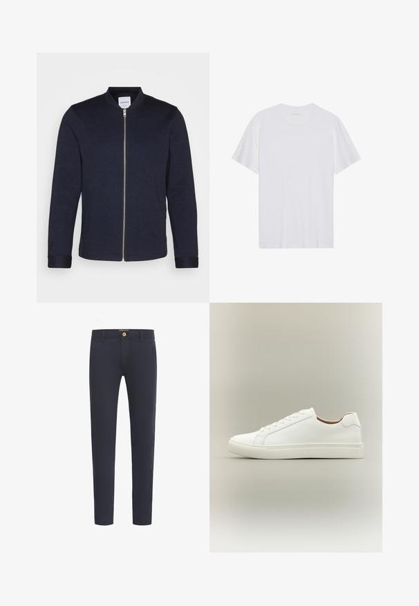 Mørkeblå bomberjakke med frontlynlås, rund halsudskæring og manchetter. Lavet af et glat stof med et minimalistisk design.; Hvid bomulds T-shirt med korte ærmer, rund hals og en glat tekstur. Har minimal branding på halsudskæringen.; Marineblå bukser lavet af glat stof, med almindelig pasform, fem-lomme design og foran knaplukning.; Hvid lavt snøresko med snørelukning og flad sål, vist fra siden på en neutral baggrund.