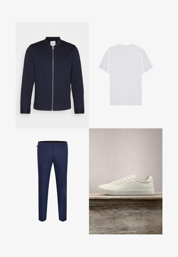 Mørkeblå bomberjakke med frontlynlås, rund halsudskæring og manchetter. Lavet af et glat stof med et minimalistisk design.; Hvid bomulds T-shirt med korte ærmer, rund hals og en glat tekstur. Har minimal branding på halsudskæringen.; Marineblå skræddersyede bukser lavet af et glat stof, med en slim fit og flad front uden synlige lommer eller forskønnelser.; Hvide snørresneakers svævende over en træbænk med grønne planter i baggrunden, der fremhæver skodesign og tekstur.